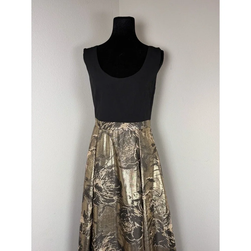 Aidan Mattox Adrianna Papell Dress Size 6 Black Gold Metallic Jacquard Gown - Picture 3 of 11